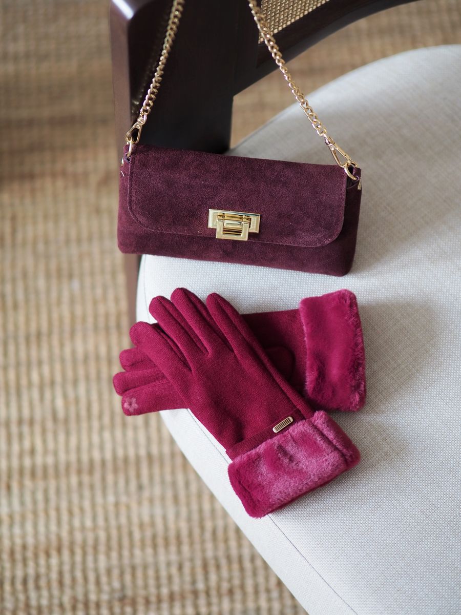 Hansker med fuskepels burgunder